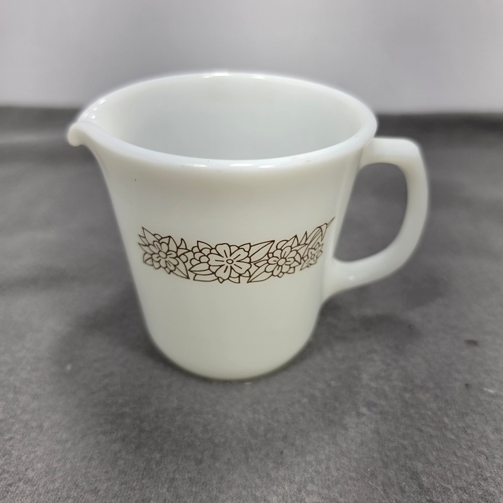 Vintage Pyrex Woodland Brown Floral Milk Glass Creamer Pitcher Microwave Safe